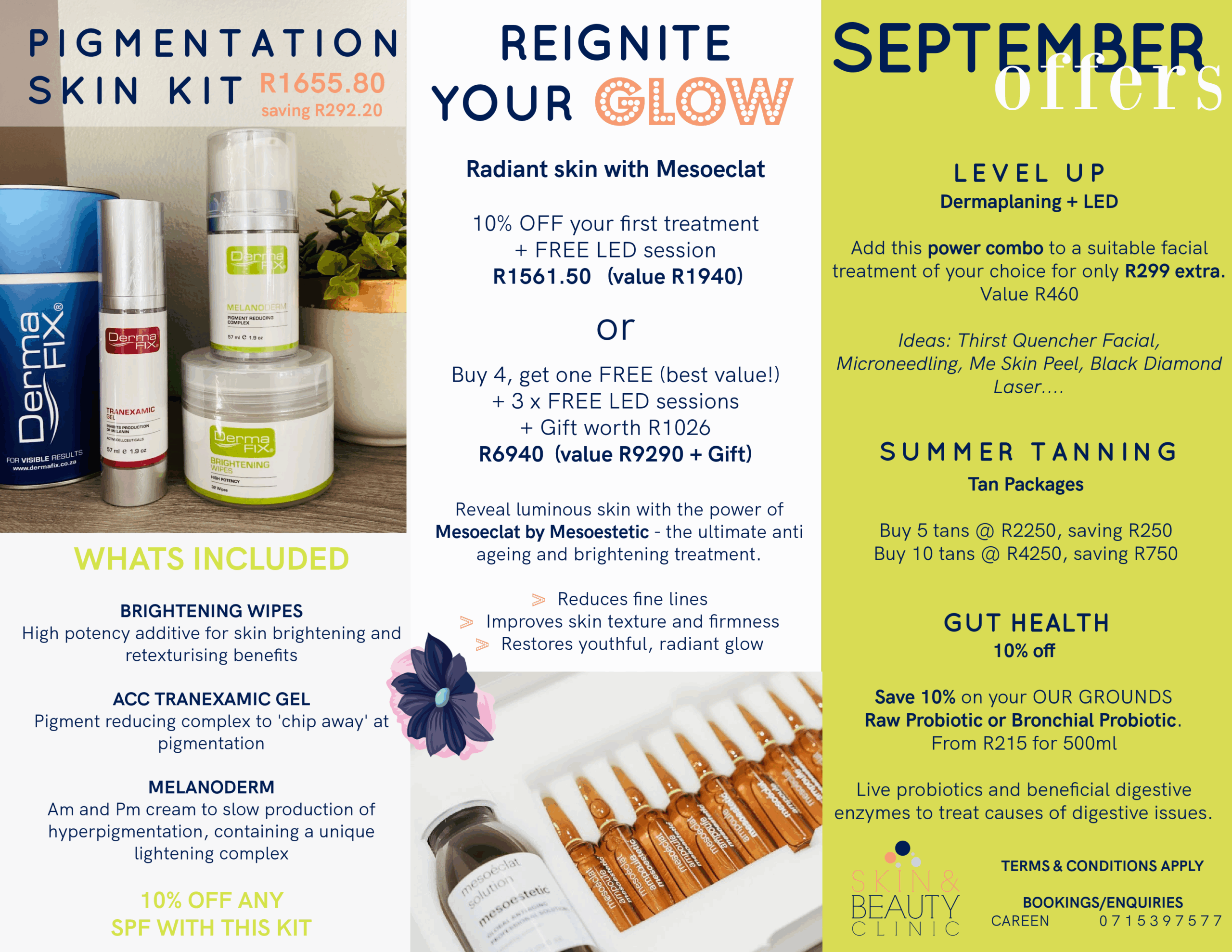September 2022 Specials on The Vit A Boost Facial from Dermafix, professional Spray Tan, Micro needling, RapidBROW Serum, RapidLASH Serum and RapidGlam Mascara